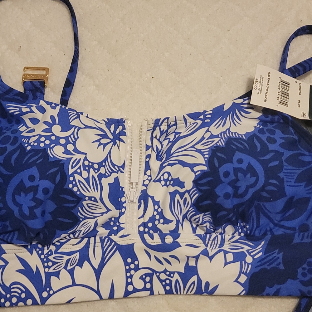Blue and White Floral Bikini Top